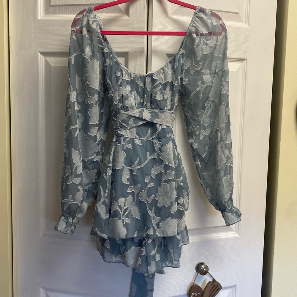 Blue Floral Sheer Long Sleeve Dress